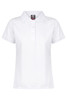 A white polo shirt with a collared neckline and short sleeves, featuring a logo on the label.