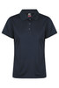 A navy blue women's polo shirt with a collar and three buttons, featuring a logo.