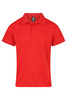 A red polo shirt with a classic collar and short sleeves. Features a logo on the label.