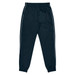 Dark blue kids' pants with side stripes and an elastic waistband, featuring branding.
