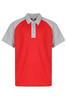 A red and grey polo shirt with a collar and three buttons, featuring a logo on the chest.
