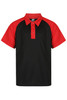A black polo shirt with red shoulders and a collar, featuring buttons and a logo on the label.