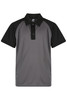 A grey and black polo shirt with a collar and button placket, featuring a logo on the chest area.