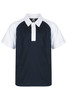 A navy and white polo shirt with a buttoned collar and a logo. Short sleeves and a sporty design.
