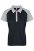 A polo shirt in navy and light grey with a button-up front and a logo on the collar.