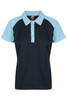 A navy and light blue polo shirt with a collared neckline and buttons, featuring a logo on the chest.