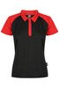 A polo shirt featuring a black body and red sleeves, with a collared neckline and a logo on the design.
