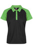 A black and green polo shirt featuring a collared neck, short sleeves, and a logo on the front.