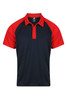 A navy and red polo shirt featuring a collar and short sleeves, with a logo on the upper neck area.