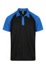 A black and blue polo shirt with short sleeves and a collar, featuring a logo on the left side.