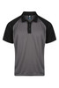 A grey and black polo shirt featuring a branded label, designed for men's casual wear.