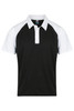 A black polo shirt featuring white raglan sleeves and a collar with buttons. It has a logo on the chest.