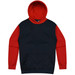 A hoodie featuring a red hood and sleeves with a navy body, complete with a front pocket and logo.