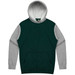 A green and grey hoodie with a kangaroo pocket and a hood. The design features contrasting sleeves and a logo.