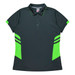 A polo shirt in dark grey with bright green accents and stripes, featuring a collar and a branded logo.