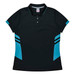 A black polo shirt with light blue accents and stripes, featuring a collar and a logo.