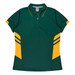 A green polo shirt with yellow accents and three stripe details on the sides. It has a collar and short sleeves.