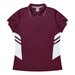 A maroon polo shirt with white side panels and a logo, featuring a classic collar and button placket.
