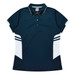 A navy blue polo shirt for women with white accents and a logo. Features a collar and button placket.