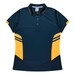 A navy blue polo shirt with yellow accents and a logo on the chest. It features a collar and buttons.
