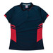 A navy and red polo shirt with a collar and short sleeves, featuring stripes and a logo.