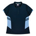 A navy blue polo shirt with light blue accents and a collar. It features a logo on the chest.