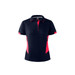 A navy polo shirt for women featuring vibrant pink accents and a branding logo on the collar.