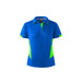 A blue polo shirt with neon green accents and a logo. It features a collared neck and short sleeves.