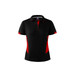 A black and red polo shirt featuring a logo, with short sleeves and a collared neckline.