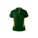 A green and yellow polo shirt with a collar and button placket, featuring a logo on the chest.