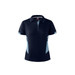 A navy blue polo shirt with light blue accents, featuring a collar and buttons, and has a logo.