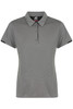 A grey women's polo shirt with a collar, button placket, and contrasting black details. It features a logo.
