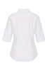 A white button-up shirt with 3/4 sleeves and a collar, featuring a subtle back design and a logo.