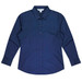 A navy long sleeve button-up shirt with a collar and a logo on the label.