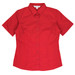 A red short-sleeve button-up shirt with a fitted design and a collar, featuring a brand logo.
