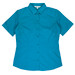 A short-sleeved button-up shirt in a teal colour, featuring a collar and a fitted design. It has a logo on the label.
