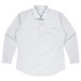 A long sleeve button-up shirt in light grey with a chest pocket and a logo on the label.