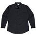 A long-sleeve button-up shirt in black, featuring a single chest pocket and a branded label.
