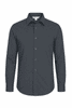 A long sleeve button-up shirt in a navy colour, featuring a chest pocket and a collar, with a logo on the label.