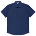 A short sleeve button-up shirt in navy blue with a chest pocket and a collar. Features a logo on the tag.