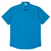 A short sleeve button-up shirt in bright blue, featuring a single chest pocket and a collar. It has a branding logo.