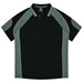 A black and grey polo shirt with contrasting panels and a collar, featuring a logo on the chest area.