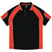 A black and red polo shirt with contrasting sleeves and a collar, featuring a logo.