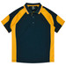 A polo shirt in dark green with yellow accents, featuring a collar and short sleeves. It has a logo.