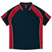 A navy and red polo shirt featuring raglan sleeves and a three-button placket, with a branding logo.