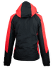 A black and red jacket featuring a hood and contrasting panel design, with a logo on the back.