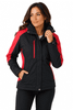 A black jacket with red accents, featuring a hood and zippered pockets, displayed on a model.