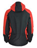 A men's jacket featuring a red and black design, showcasing a hood and a sporty cut. It has branding on the side.