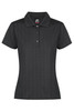 A black polo shirt with a ribbed texture and collar, featuring a button placket and a logo on the label.