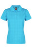 A women's polo shirt in aqua blue with a textured pattern and a collar. It features buttons and has a logo.